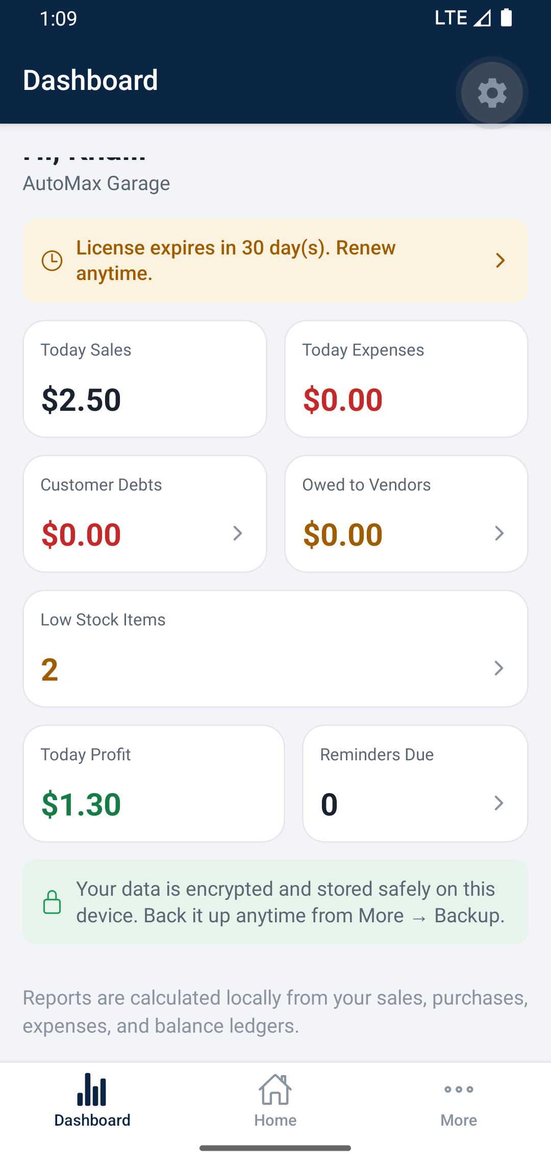 AG Flow dashboard with today's sales, invoices, debts collected, and low-stock alerts