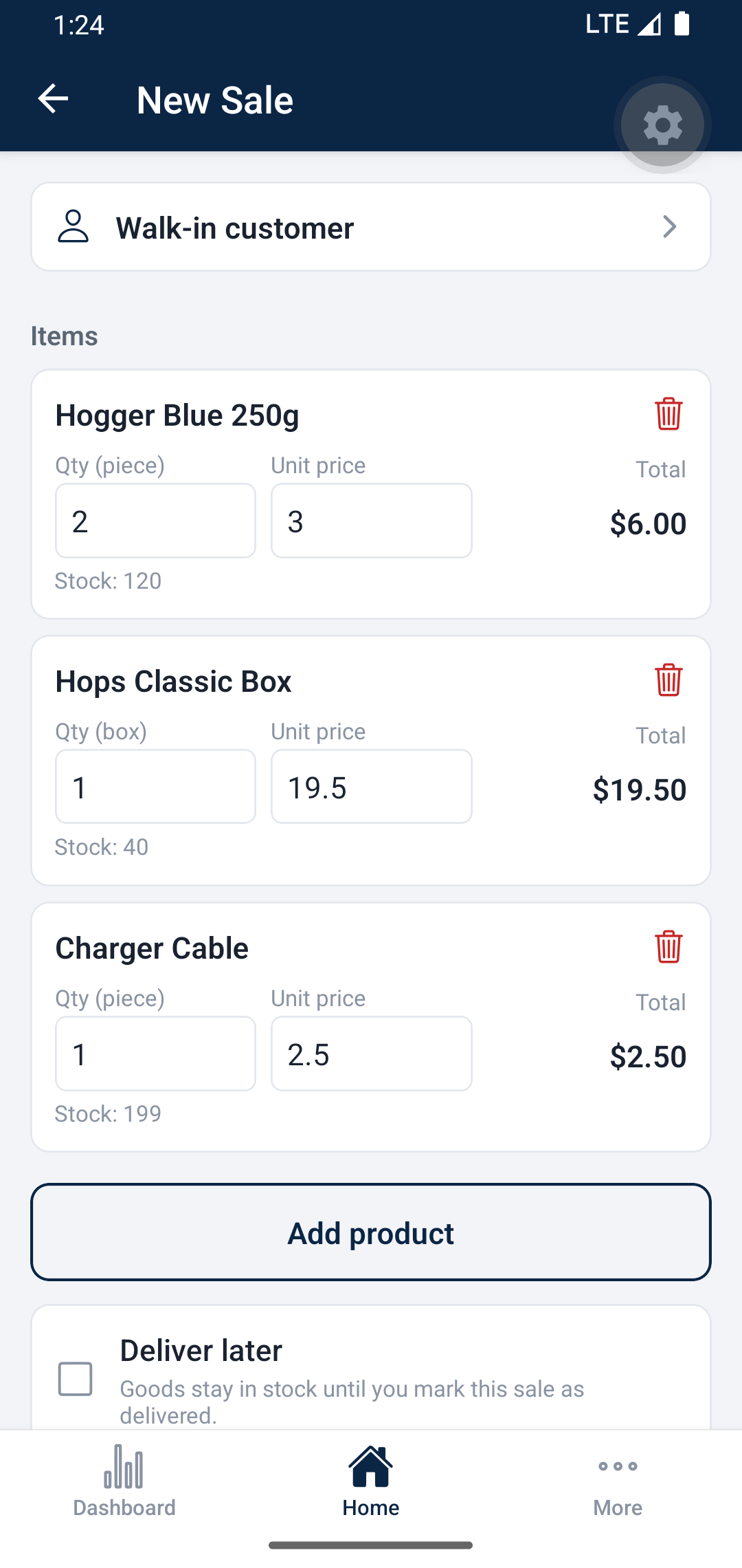 AG Flow new sale screen with cart items and totals